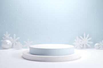 Minimalist winter-themed product display with decorative snowflakes