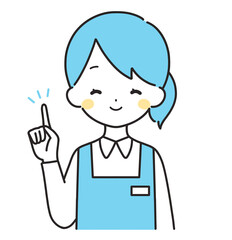 水色｜指差しをする女性店員｜エプロン