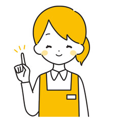 オレンジ色｜指差しをする女性店員｜エプロン