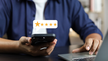 Online customer satisfaction Survey service concept, client rate service from experience in application,Consumer give five-Stars and feedback review for quality, Business reputation ranking from buyer