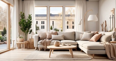 An image of a Scandinavian-style living room featuring clean lines, neutral tones, cozy textiles, and natural wood accents, with large windows inviting in plenty of natural light - Generative AI
