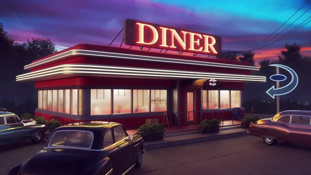 1950s Diner with vintage cars. Retro. Colorful night. Seamless loop. 3D