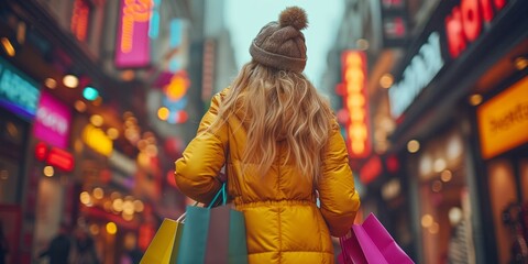 Young woman shopping in a vibrant city street with colorful bags