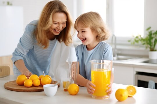 Heartwarming Moments: In a Rustic Kitchen, a Grandmother and Child Share Connection, Love, and Happiness Making Orange Juice.