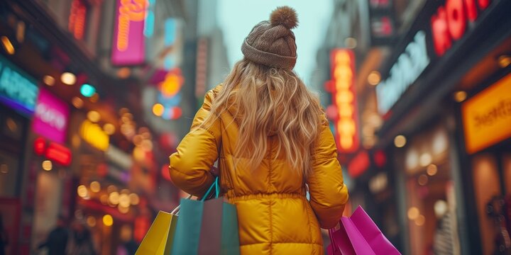 Young Woman Shopping In A Vibrant City Street With Colorful Bags