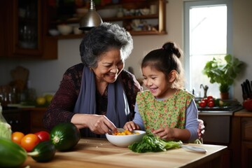 Generations in the Kitchen: A Grandmother and Child Cooking Together Asian Food in a Rustic Kitchen, Bonding with Love, Connection, and Culinary Tradition.