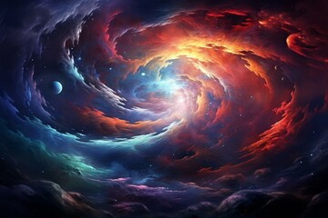 Illustration: twisted spiral of colorful clouds, futuristic patterns, heavy clouds, star, spaceship, space. Generative AI - obrazy, fototapety, plakaty
