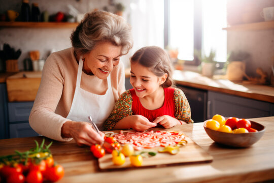 Generations in the Kitchen: A Grandmother and Child Cooking Together Spanish Tapas in a Rustic Kitchen, Bonding with Love, Connection, and Culinary Tradition.