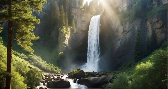 An image of a towering waterfall framed by lush evergreen trees, cascading down rocky cliffs, with sunlight filtering through the foliage - Generative AI