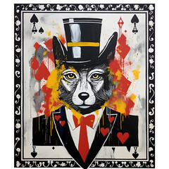 a painting of a wolf wearing a suit and a hat