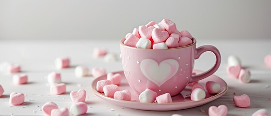 Fototapeta na wymiar Pink mug on a white background filled with marshmallows in the form of hearts. Valentine's day holiday concept
