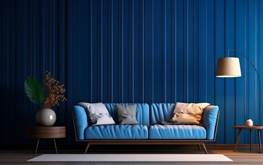 Modern cozy living room and blue wall texture background