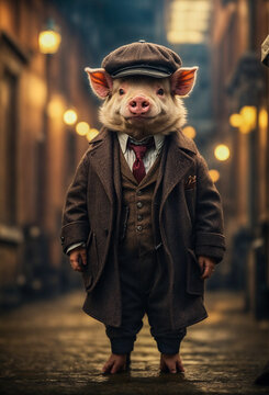 cute pig dressed as Tommy shelby, peaky blinders style, fluffy fur, big shiny eyes, full body. Portrait of a Hipster pig. Generative ai