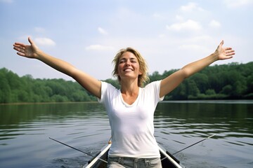 portrait of a young woman standing with her arms raised while on a rowing boat
