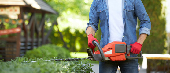 Anonymous muscular handyman in protective gloves using electric trimmer for shaping bushes on...