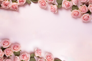 Fototapeta na wymiar Beautiful pink rose flowers border. Romantic gift wallpaper with space for text. Light gentle pink color bouquet garden roses photo banner top view