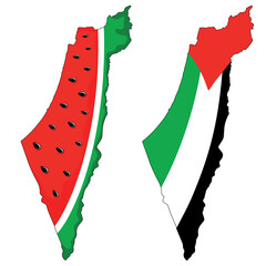 Palestine Map Watermelon and Palestinian Map with Flag, Set of two Maps Vector Illustration graphic art isolated on white