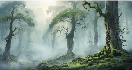 An image of an ancient forest blanketed in mystical fog. Visualize twisted trees draped in moss, the fog weaving through the branches. AI Generativ - Generative AI