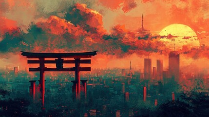 Illustration Landscape of red torii gate and city skyline. Digital painting