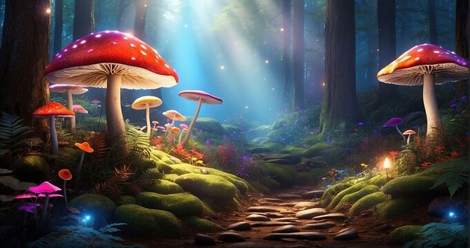 An image of an enchanted forest clearing with shafts of sunlight piercing through the canopy, illuminating colorful mushrooms and vibrant ferns. AI Generative - Generative AI
