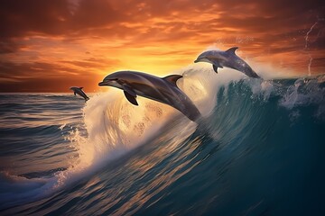 A group of playful dolphins riding the waves, their sleek bodies breaking through the ocean's...