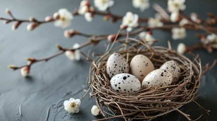 Naklejka na ściany i meble Speckled Easter eggs nestled in a twig nest with soft willow branches on a gray slate background. Easter card with copy space
