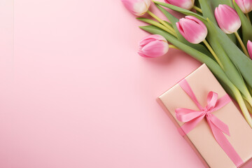 Beautiful pink tulips flowers and present. Romantic gift wallpaper with space for text. Light gentle pink color bouquet garden tulips photo poster border