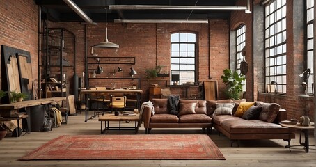 Fototapeta na wymiar An image of an industrial loft space with exposed brick walls, distressed wooden flooring, repurposed metal fixtures, and handcrafted furniture blending ruggedness with artistic flair - Generative AI