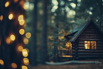 a cozy cabin in the woods, surrounded by coniferous trees - forest landscape with fairy lights