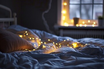 slow living - string of fairy lights in a bedroom - relaxing night at home
