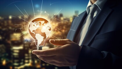 Human interaction of advanced technology based on AI hologram with greenery city concept, eco-friendly city with hologram network light bulb screen icons for energy source renewable.