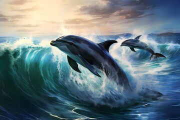 A group of playful dolphins riding the waves, their sleek bodies breaking through the ocean's surface.