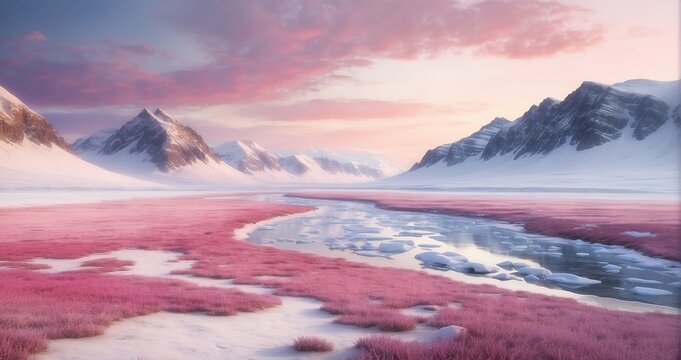 An image of the Arctic tundra at dawn, featuring vast expanses of snow, a tranquil icy river, and a backdrop of snow-capped mountains under a pink-hued sky. AI Generative