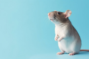 cute mouse standing isolated on blue background, with copy space for text