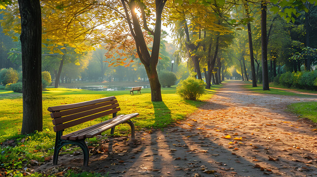 Beautiful park with bench. generative ai 