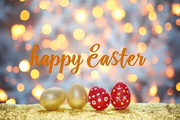 red and gold painted easter eggs on golden table with blurry background - easter wallpaper with text "happy easter"