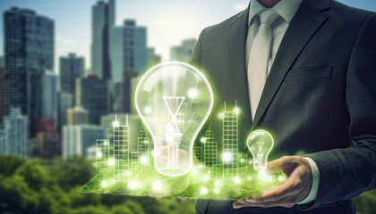 Human interaction of advanced technology based on AI hologram with greenery city concept, eco-friendly city with hologram network light bulb screen icons for energy source renewable.