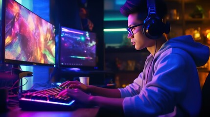 Young confident Asian man playing online computer video game, colorful lighting broadcast streaming live at home. Gamer lifestyle, E-Sport online gaming technology concept .