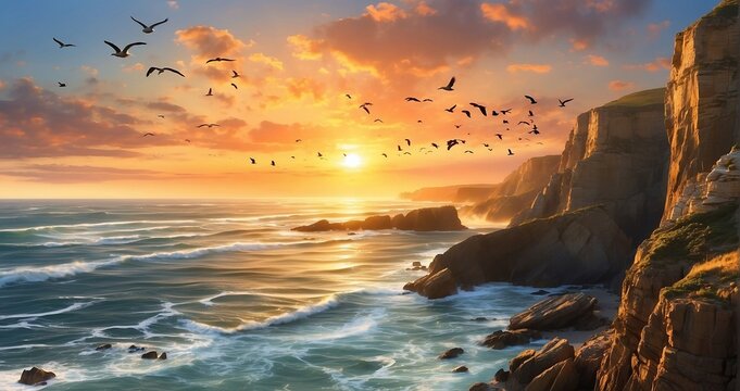 An image of the sun rising over rugged seaside cliffs, casting a warm glow on the crashing waves below, with seabirds soaring against the backdrop of the ocean - Generative AI