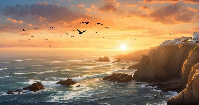 An image of the sun rising over rugged seaside cliffs, casting a warm glow on the crashing waves below, with seabirds soaring against the backdrop of the ocean - Generative AI