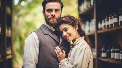 Victorian Couple Embracing in an Apothecary