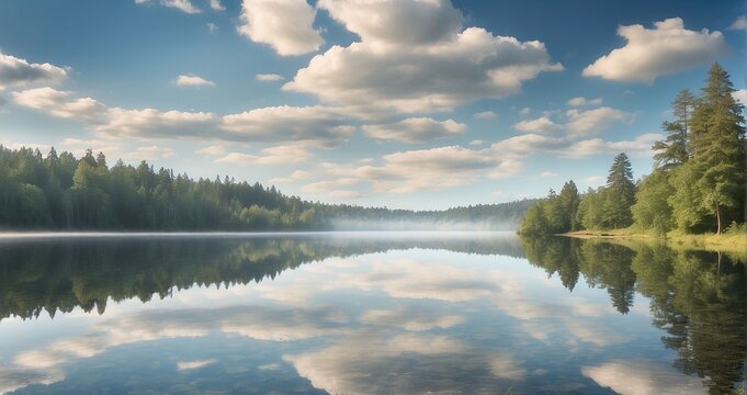 An image showcasing the serene elegance of a lake reflecting towering trees and a cloud-speckled sky - Generative AI