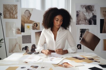 a young motivated and focused dark-skinned woman journalling and making her vision board to manifest her dreams and plans, in a white room full of pictures, images, cliparts and visual resources - obrazy, fototapety, plakaty