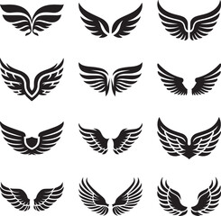 Black and white simple wing icons vector set and design feather wings bundle svg and eps emblems line art silhouettes - obrazy, fototapety, plakaty