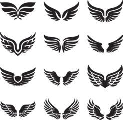 Fotobehang Black and white simple wing icons vector set and design feather wings bundle svg and eps emblems line art silhouettes © Chattanooga Tshirt