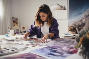 Foto op Plexiglas a young motivated and focused woman journalling and making her vision board to manifest her dreams and plans, in a white room full of pictures, images, cliparts and visual resources © Romana