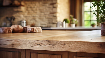 Kitchen Counter With Potted Plant. Interior of a modern kitchen made of solid wood.