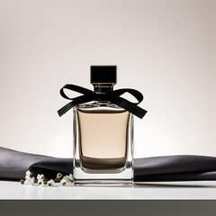 a bottle of perfume with a black bow