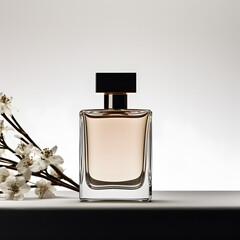 a bottle of perfume next to a white flower