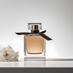 a bottle of perfume next to a flower